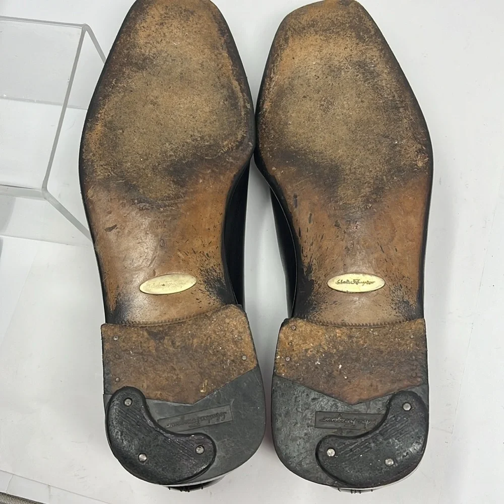 Men’s Salvatore Ferragamo Sz 7.5 Smooth Black Leather Handmade Slip On Loafers